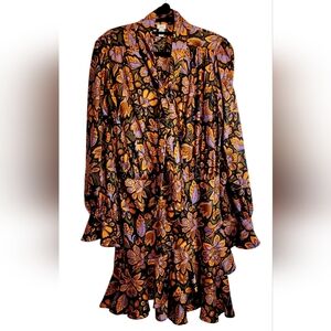 River Island Black, Orange, Green, & Purple Floral Long Sleeve Satin Dress